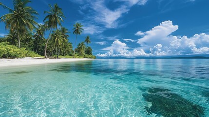 Fototapeta premium A beautiful blue ocean with palm trees in the background. The sky is clear and the water is calm