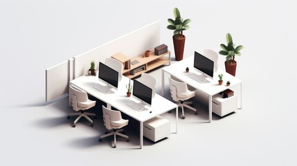 Fototapeta premium Isometric view of a modern office with two desks, chairs, computers, potted plants, and a white wall.