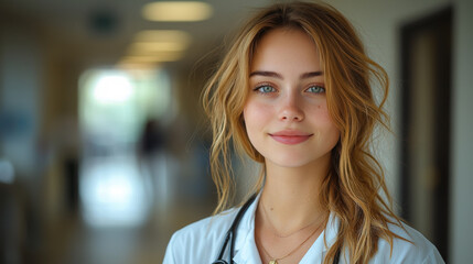 Obraz premium Young woman doctor smiling in a hospital hallway.