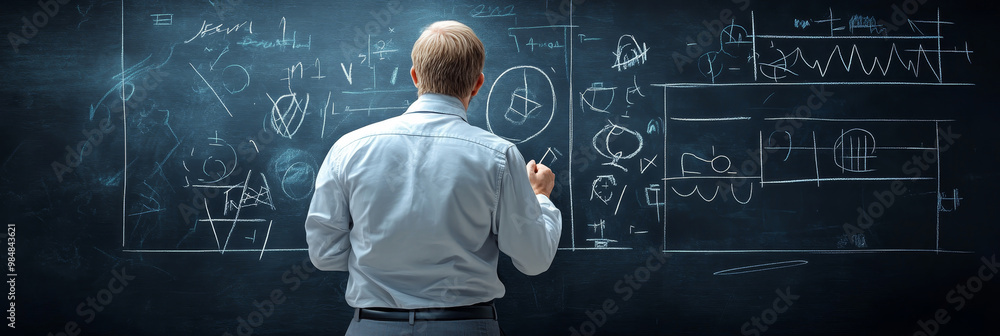 Aufkleber a man stands in front of a blackboard, looking intently at a complex chalk drawing of diagrams and f