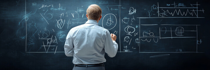 A man stands in front of a blackboard, looking intently at a complex chalk drawing of diagrams and formulas. He is deep in thought, contemplating the concepts and solutions. The image represents educa