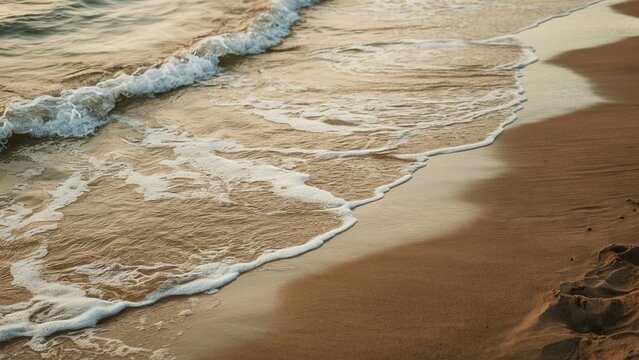 Patterns formed by gentle waves on the sandy beach at sunset