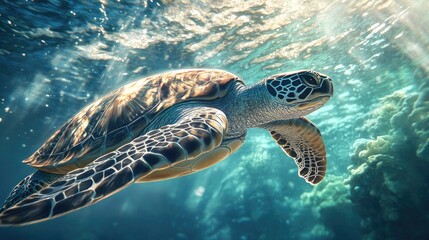 Obraz premium A dynamic image of a sea turtle swimming near the surface of the ocean, with sunlight filtering through the water and creating beautiful patterns on the turtle shell.