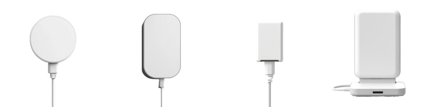 A series of sleek, white charging devices displayed on a dark background, showcasing modern design and technology.