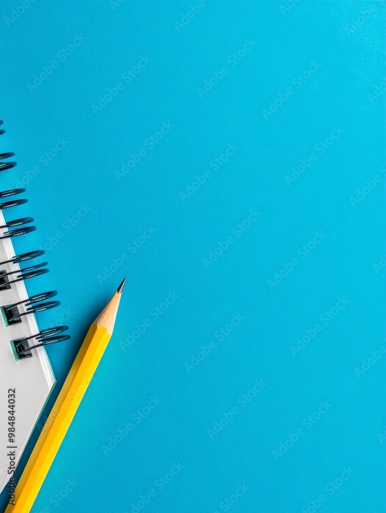 Aufkleber a simple and clean image of a notebook and a pencil on a blue desk. the notebook is closed and the p
