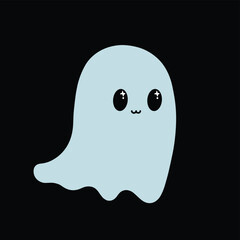 Cute cartoon ghost with big eyes and a small smile on a black background.