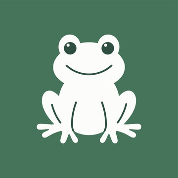 Minimalist cartoon illustration of a smiling white frog against a green background.