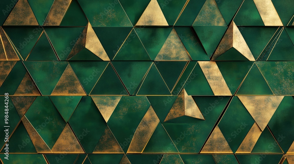 Poster a green and gold patterned background with triangles. the triangles are gold and green and are arran