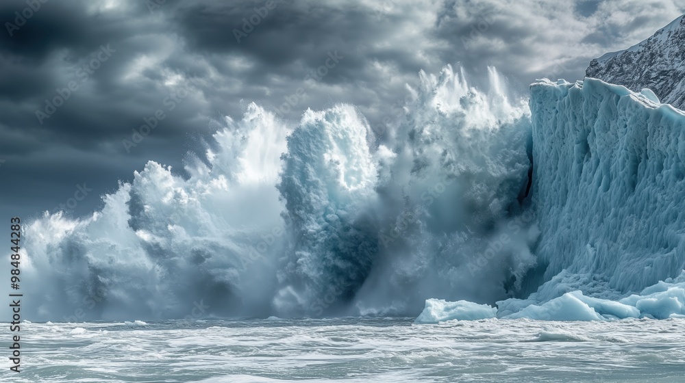 Poster a large wave crashing into a frozen cliff. scene is powerful and dramatic. the idea behind the image