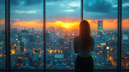 Fototapeta premium Woman looks out at city skyline during sunset.