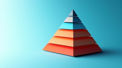 A pyramid with a blue base and orange and red sides is displayed on a blue background. The pyramid is a visual representation of a hierarchy or a pyramid structure, which is often used in business