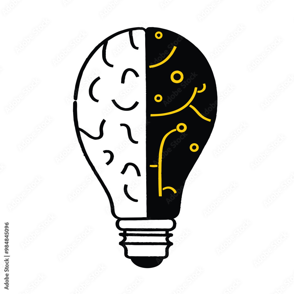 Poster illustration of a light bulb split into brain and circuit, symbolizing human and artificial intellig
