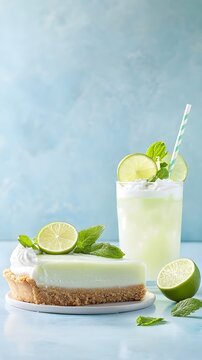 Refreshing Key Lime Pie with Graham Cracker Crust and Mint - Vibrant Dessert Photography Featuring Limeade on Serene Blue Background