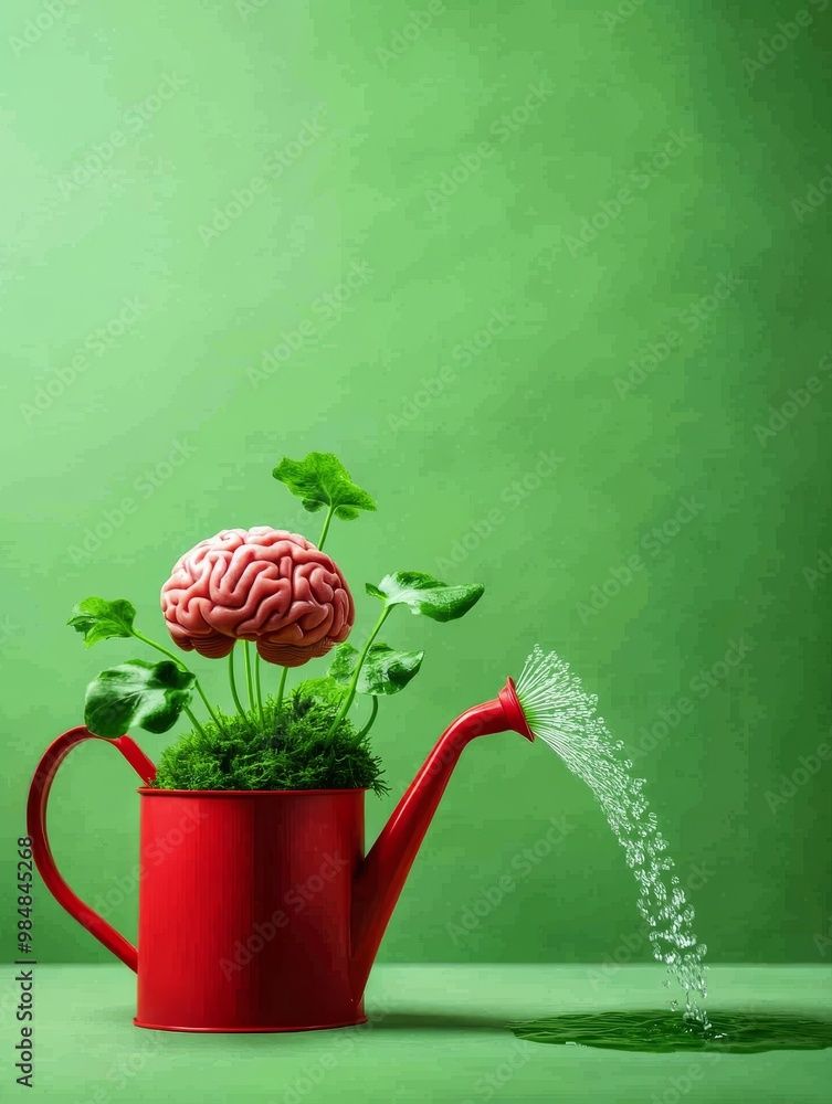Poster a brain grows from a watering can, symbolizing the importance of nurturing and developing our intell