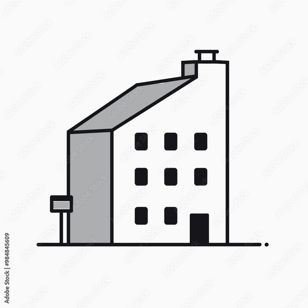 Poster minimalist illustration of a four-story building in grayscale with clean lines and simple design.