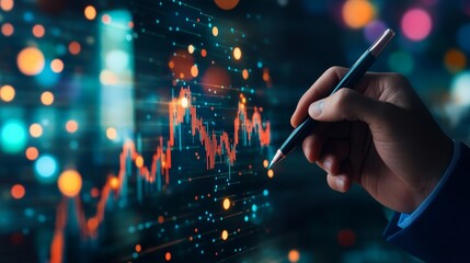 A businessman plans growth strategy by analyzing financial data, visualizing growth and potential challenges. The image symbolizes financial planning, data analysis, progress, growth, and future plann