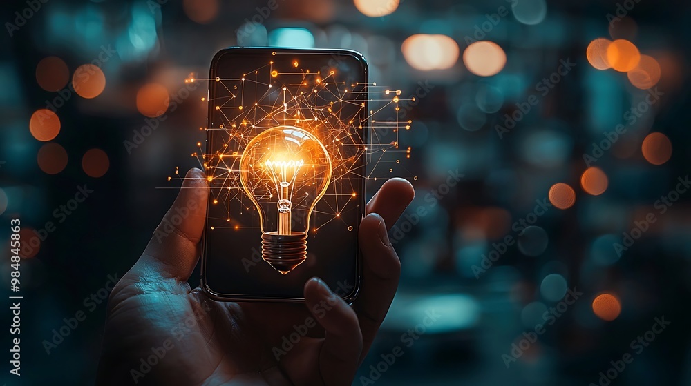 Poster Hand holding smartphone with glowing light bulb as a symbol of inspiration and creativity in the digital age