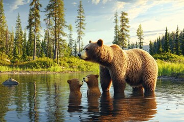 Obraz premium Mother bear and cub standing by a forest lake at sunrise, surrounded by trees, AI Generation