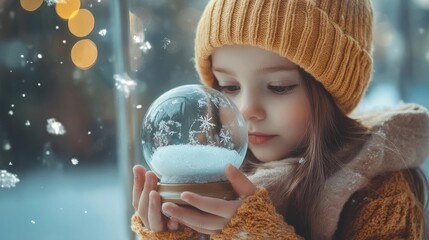 A little girl holding a snow globe in her hands