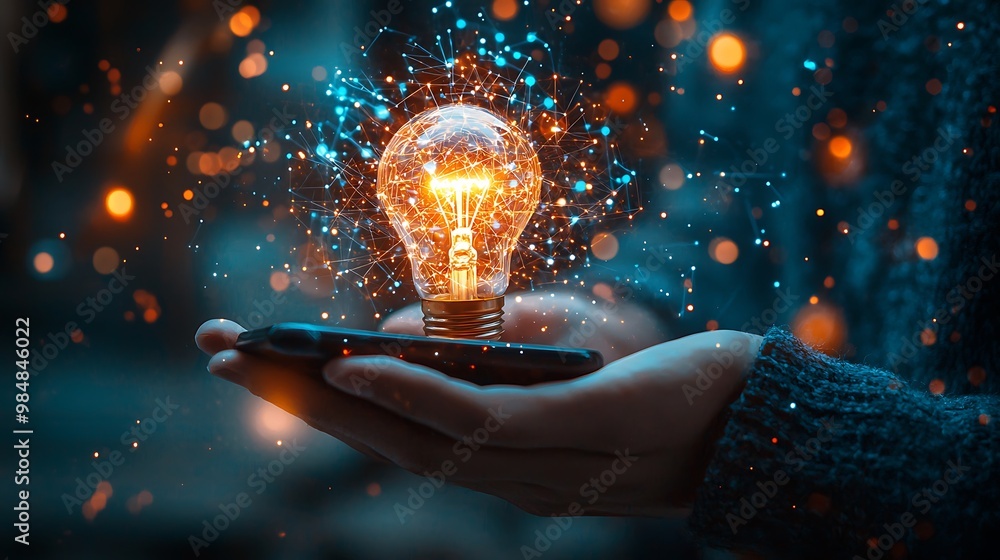 Canvas Prints Hand holding smartphone with glowing light bulb and sparklers, concept of innovation, technology, and creativity