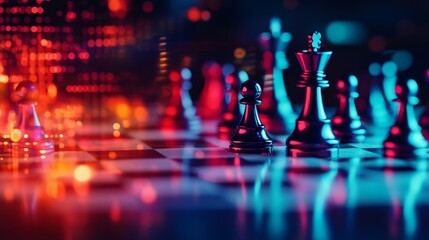 A vibrant chessboard with glowing pieces, symbolizing strategy, competition, intelligence, and the future of gaming.