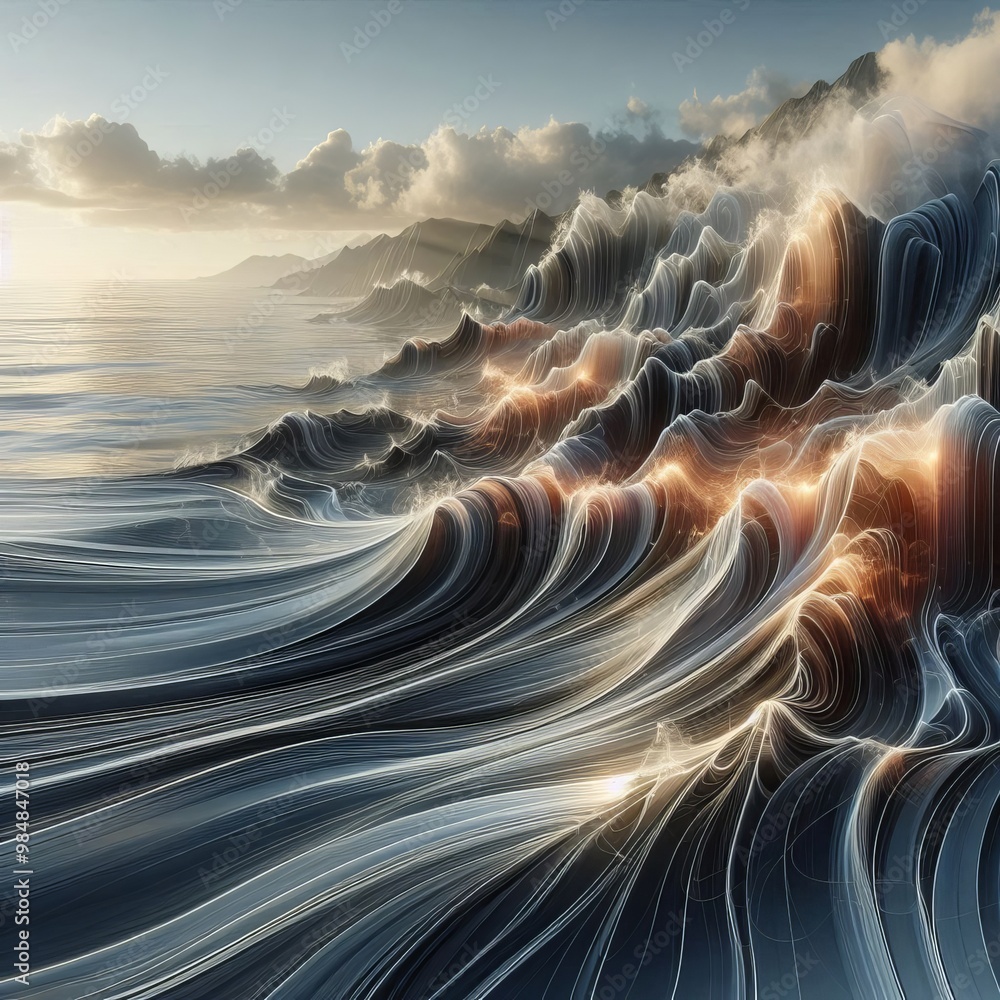 Poster digital ocean waves crash against each other in this surreal landscape, blending elements of light a