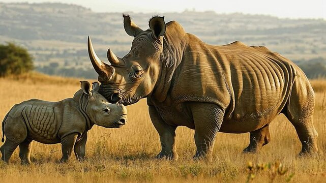 Mother rhino showing affection to its young calf
