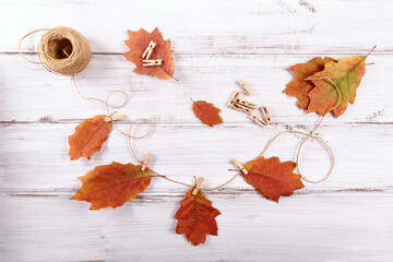 Homemade garland of colored autumn leaves. Dry leaves hanging on rope with clothespins on white wooden background. Home diy decor for celebrating fall holidays, Thanksgiving and Halloween