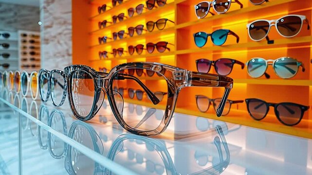 Optician choosing eyeglasses from shelf in store