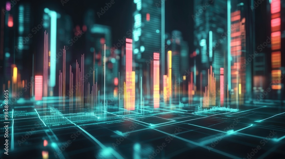 Poster a futuristic 3d bar chart with glowing, transparent bars representing financial data, rising from a 