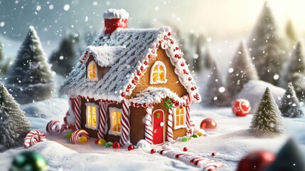 Christmas house in the forest with candies and winter holiday ornaments. Santa gingerbread house on the snow.