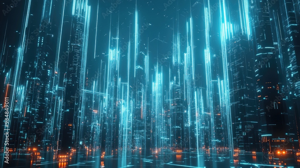 Aufkleber a futuristic cityscape connected by glowing digital lines, symbolizing a vast digital network, with 