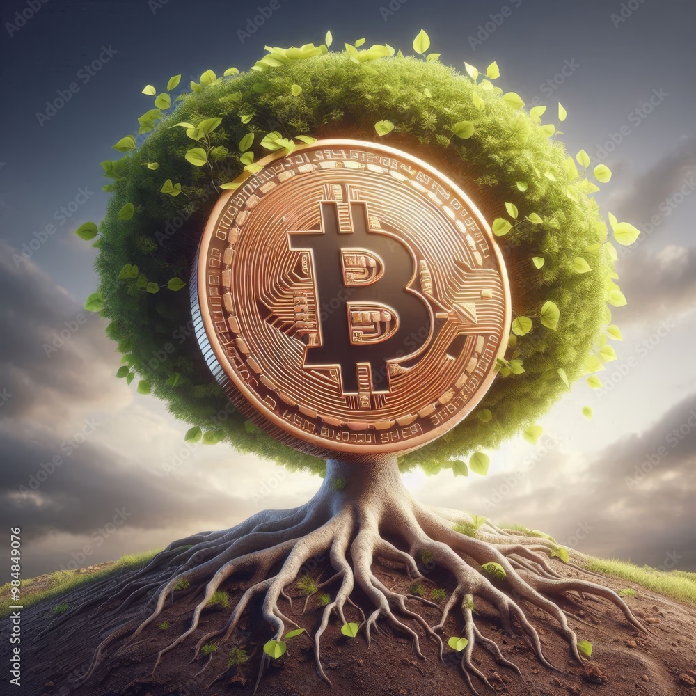 Poster a gold bitcoin embedded within the trunk of a vibrant green tree, merging the concept of digital cur