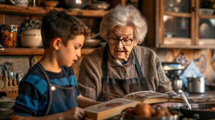 Obraz premium An elderly woman and a young boy in the kitchen