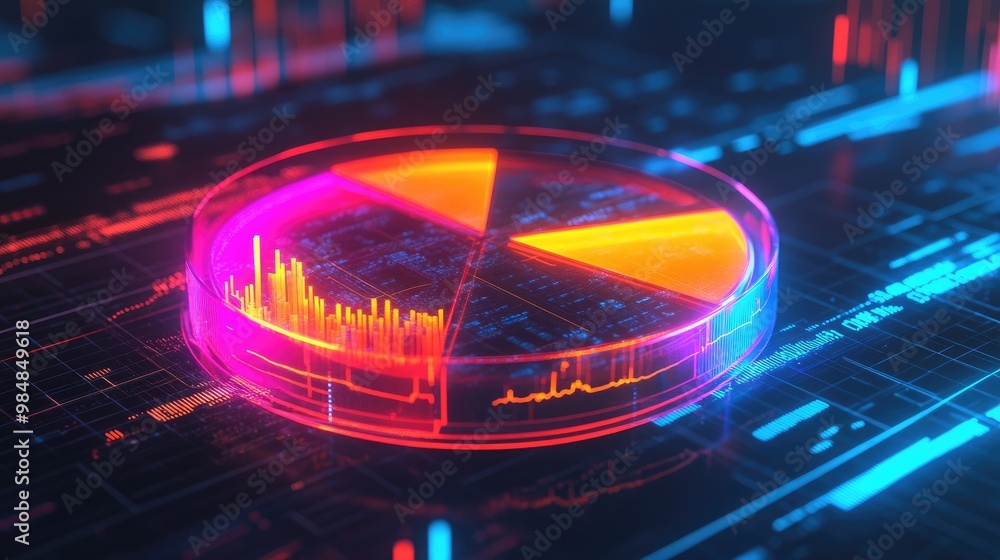 Poster a glowing 3d pie chart with transparent sections, hovering in a digital space, with each segment rep