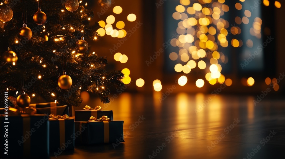 Poster a beautifully decorated christmas tree with glowing lights and presents underneath, creating a warm 