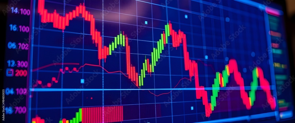 Poster the screen’s vibrant colors and the detailed textures screen displaying abstract financial graph.