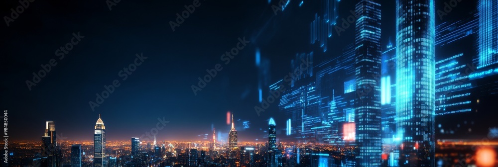 Poster a conceptual image depicting a futuristic city skyline illuminated by glowing digital data streams, 