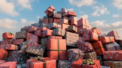 Different christmas presents on a large heap. Large stack of christmas packages. AI generated