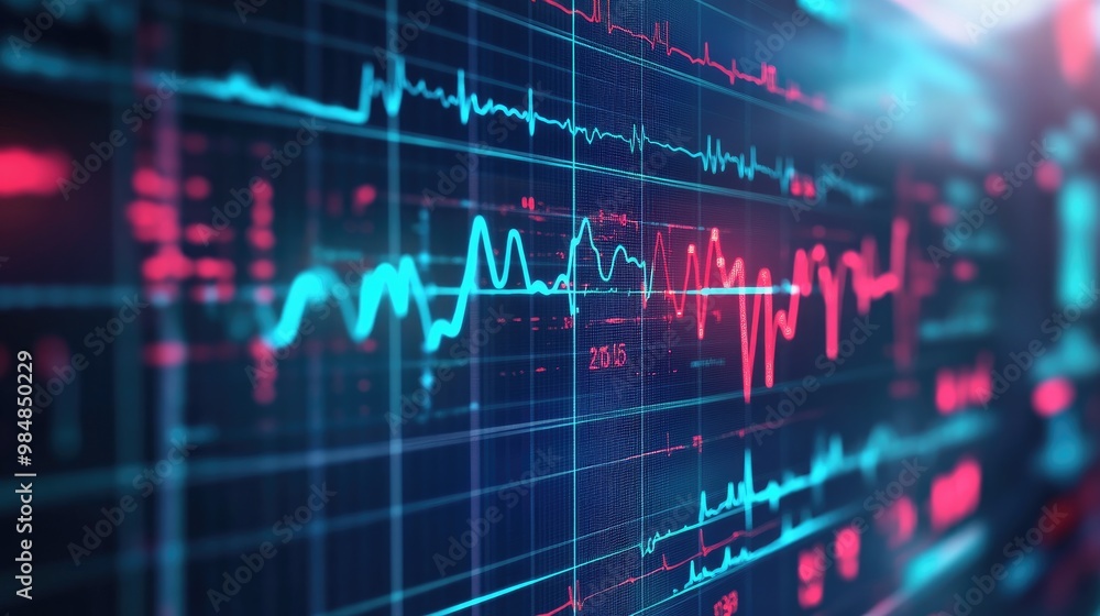 Poster a graphic representation of a heart rate waveform on a computer screen, demonstrating the analysis o