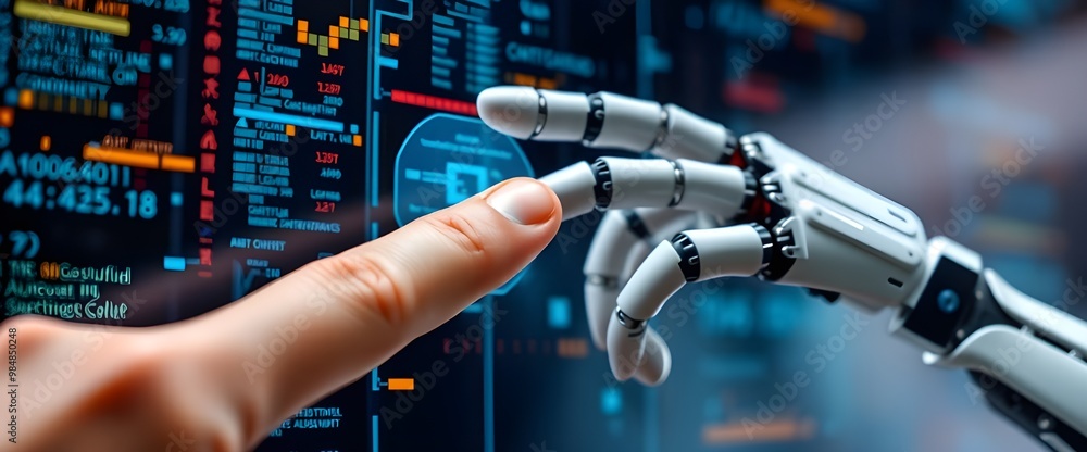 Poster a close-up shot of a human finger and a robotic finger interacting with a transparent touch screen d