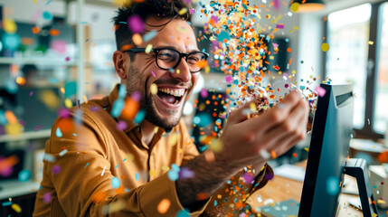 A man in glasses and a yellow shirt is throwing confetti in the air