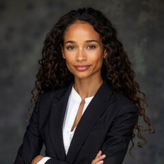 A woman in a black suit with her arms crossed