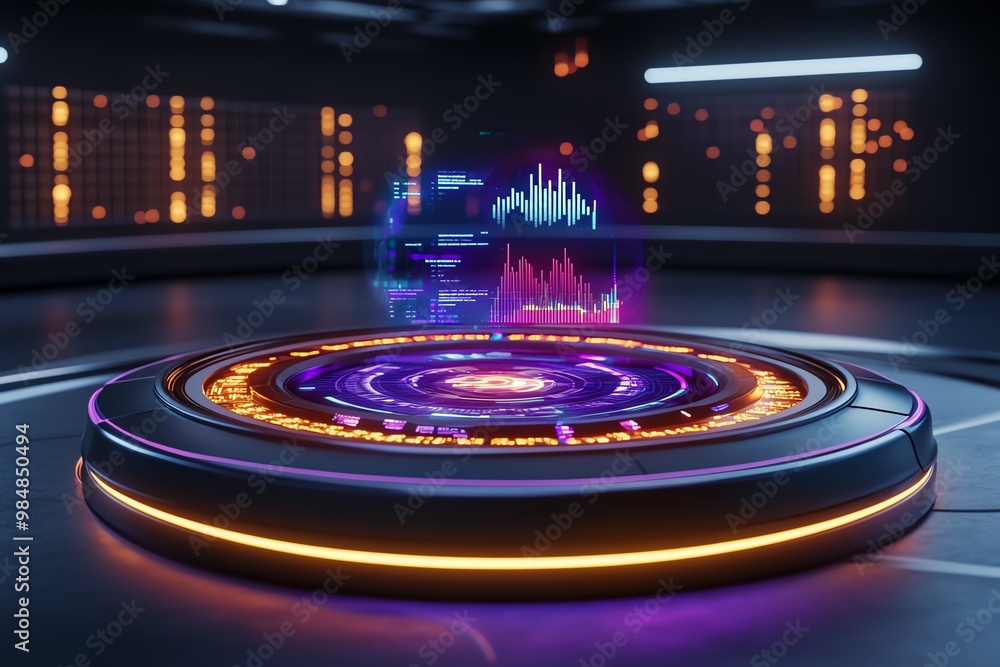 Poster Futuristic analytics control center, with glowing holographic data charts and business performance metrics