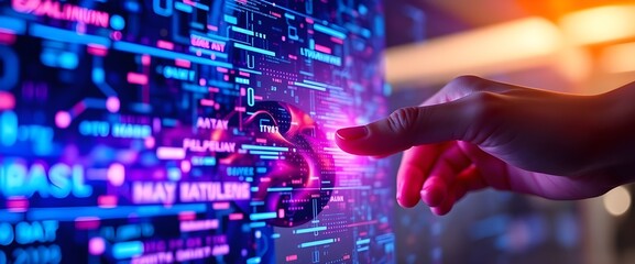 A transparent touch screen displaying abstract digital data.