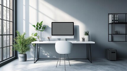Modern workspace with desk, computer, and plants, featuring natural light through large windows for a fresh ambiance.