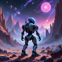 Naklejka premium Futuristic Robot Soldier Alien Technology Surreal Science Fiction Fantasy Cosmic Warfare