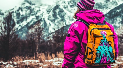 Fototapeta premium Backpack with a Bold Design on a Snowy Mountainside, Backpack, Mountainside, Snow