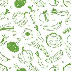 Seamless pattern of foods fruits and vegetables green hand drawn line art