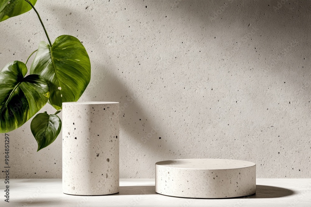 Poster two simple concrete podiums set against a neutral textured background, accented by a single leafy br